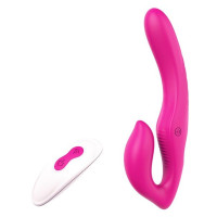 Ярко-розовый безремневой страпон Remote Double Dipper - 22 см.