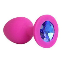 Ярко-розовая анальная пробка с синим кристаллом - 9,5 см.