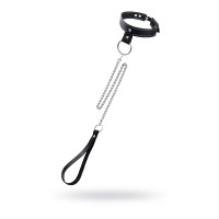 Черный узкий однослойный ошейник с серебристым поводком-цепочкой