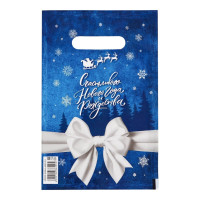 Сине-белый подарочный новогодний пакет с вырубной ручкой (20х30 см)