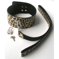 Широкий леопардовый ошейник с поводком Широкий леопардовый ошейник с поводком
